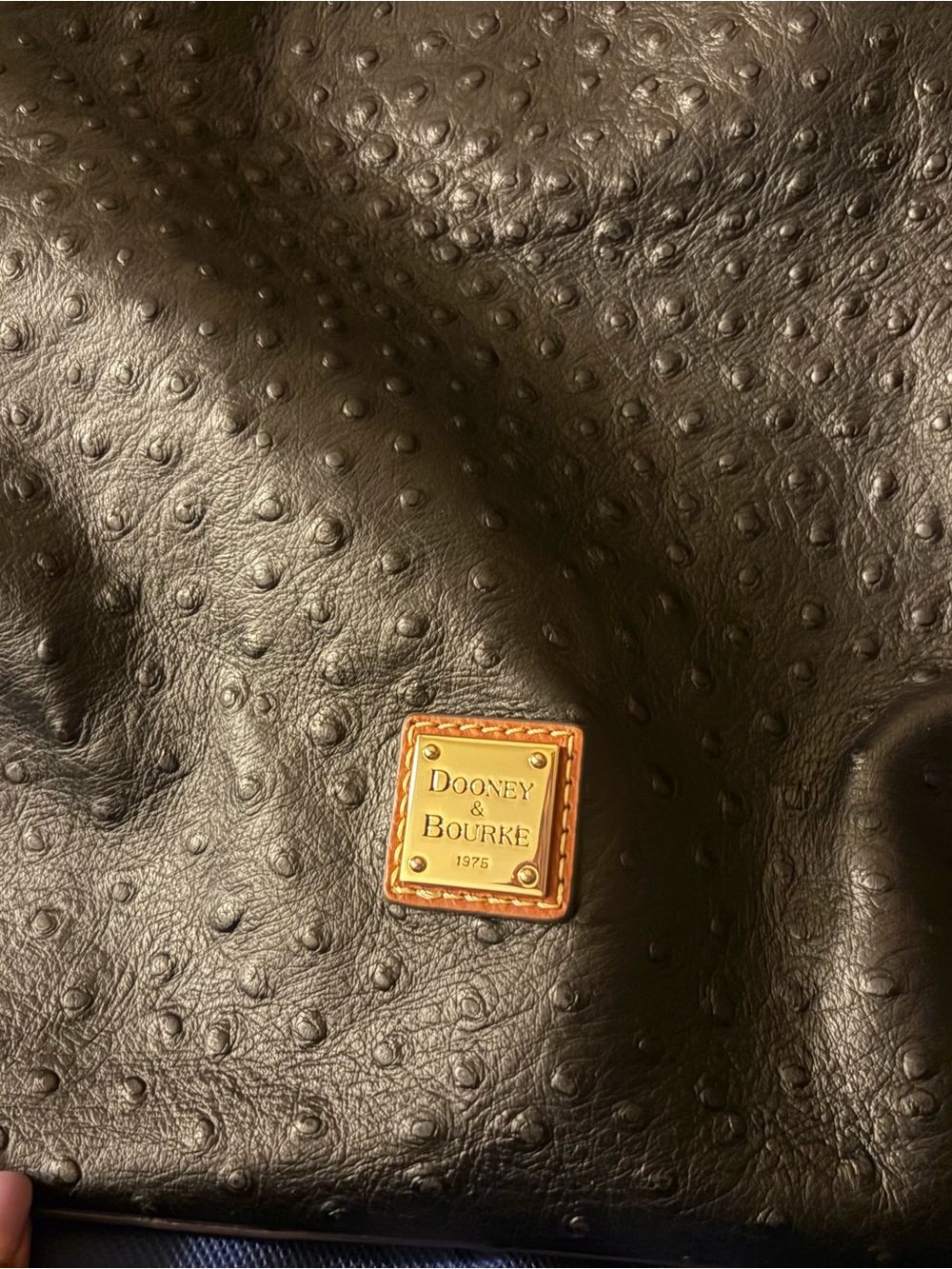 Dooney & Bourke Black Ostrich-Embossed Leather Tote with Gold Logo Plaque